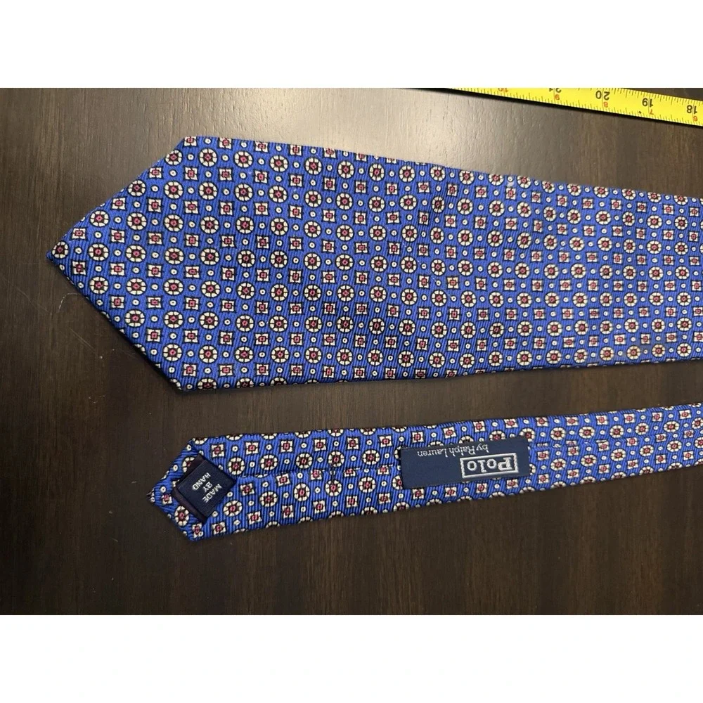 Vintage Polo Ralph Lauren Blue Geometric Medallion Silk Tie Made by Hand USA 90s